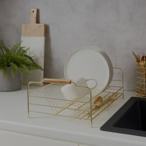 Antique Brass Gold Dish Rack with Tray, Metal Wire Washing Up Plates Drainer