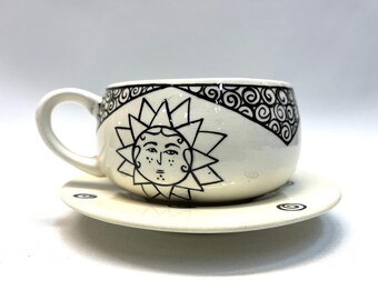 Handmade Ceramic Mug, Rustic Teacup, Earthenware Cup, Sun Motif, Lead-Free Glazes, Traditional Designs, Seljuk Sun Pattern, Gift for Mother.