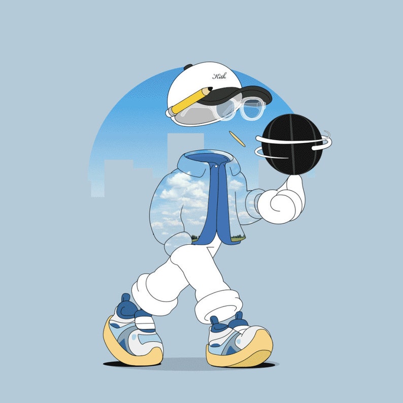 K&ouml;nnte beinhalten: Eine Cartoon-Illustration einer Person, die eine blaue Jacke mit Wolkenmuster, eine wei&szlig;e Hose und blaue und wei&szlig;e Turnschuhe tr&auml;gt. Die Person h&auml;lt einen schwarzen Basketball und tr&auml;gt eine wei&szlig;e Baseballkappe mit dem Wort "Kid" darauf.