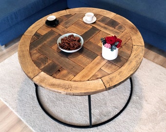 Handmade Round Coffee Table Rustic, Reclaimed Oak Wood, Black Metal base, Industrial design