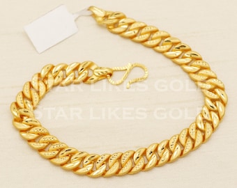 22K Yellow Gold Cuban Link Chain Bracelet, Men's Real Gold Jewelry