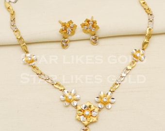22K Gold Flower Necklace Earring Set, Two-Tone Indian Jewelry