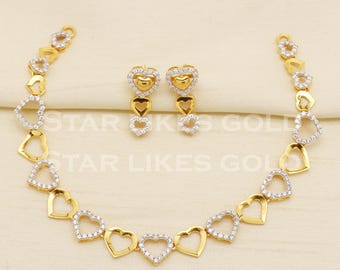 22KT Gold Heart Necklace Earrings Set Handmade 22 karat Hallmarked Romantic Jewelry, PR1421