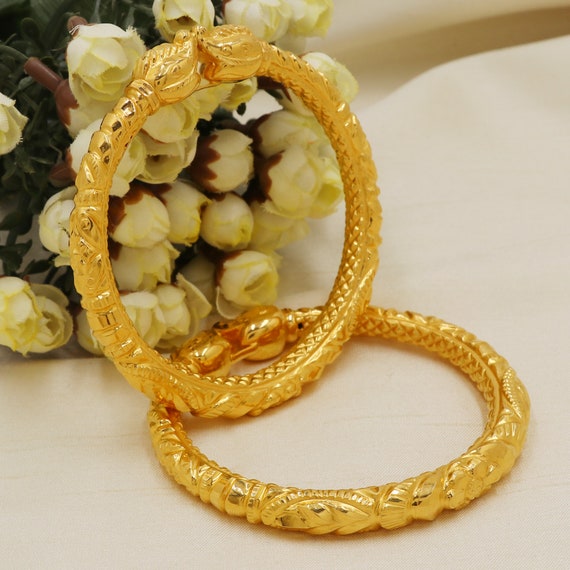 Traditional 22 Karat 22k Gold Bangle Kadas Bracelet Pair Set