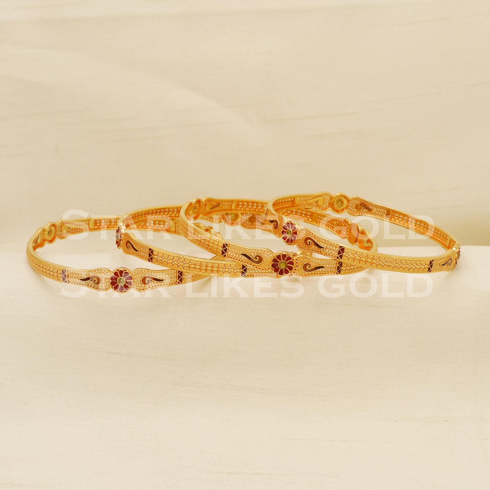 22k Gold Bangles, BIS Hallmark 916 Meenakari Floral Enamel Set of