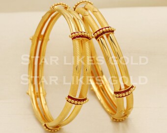 22kt Yellow Gold Traditional Triple-strand Red Meenakari Bangle