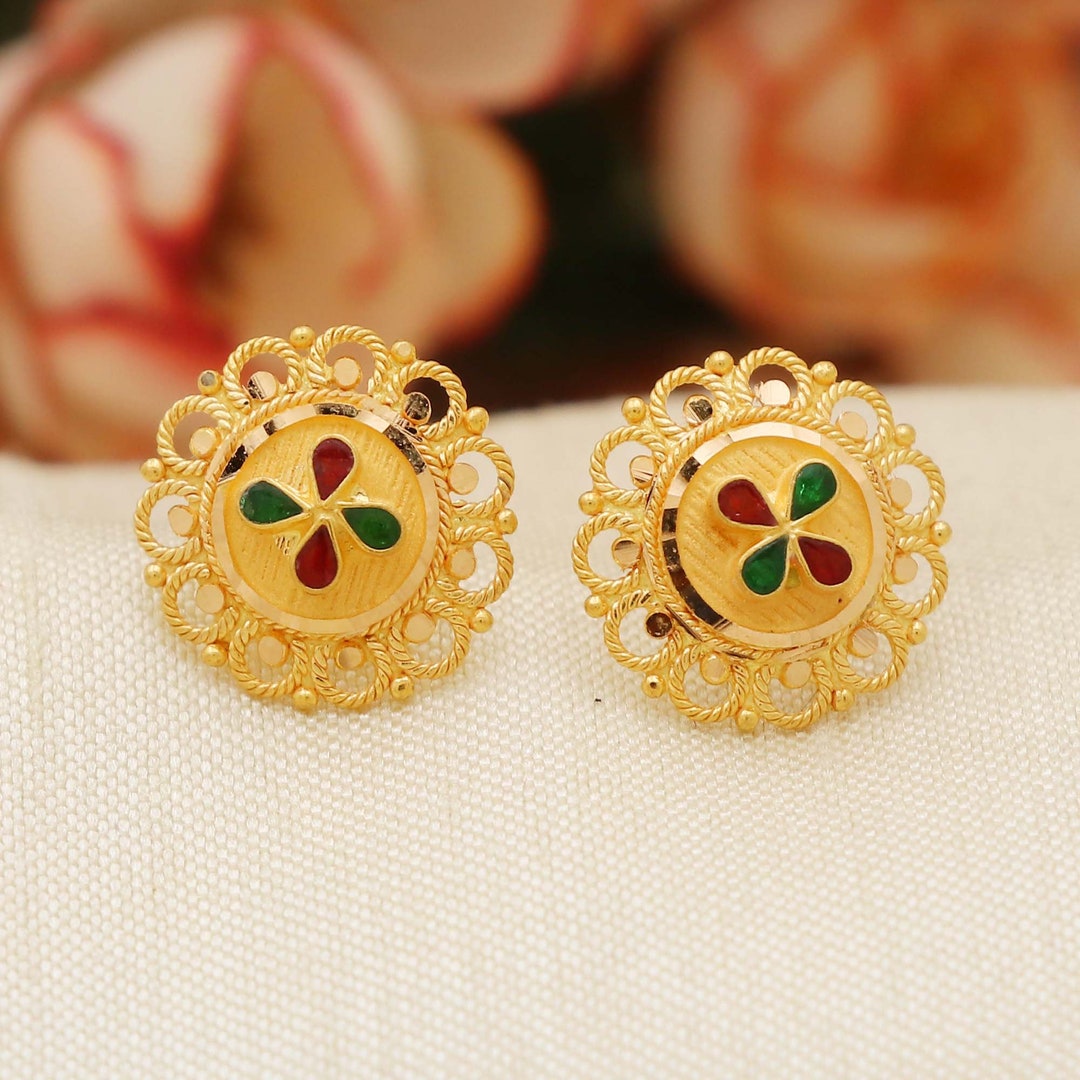 Handmade Indian Earrings in 22kt Gold, 22k Earrings, Ethnic Boho