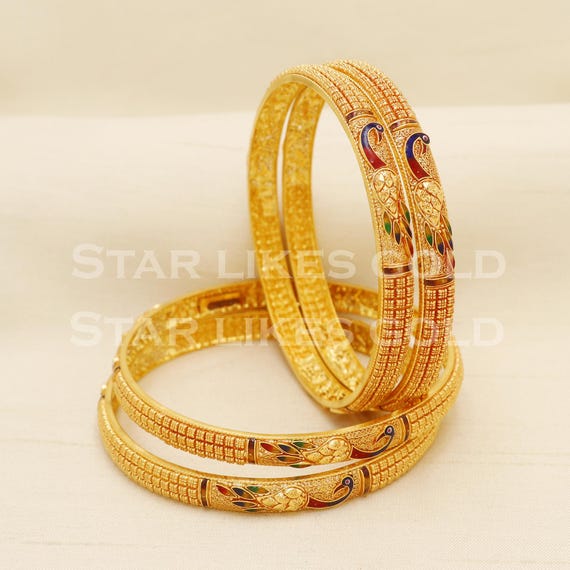 22k Solid Gold Bangle Handmade, 22kt Yellow Gold Majestic Peacock
