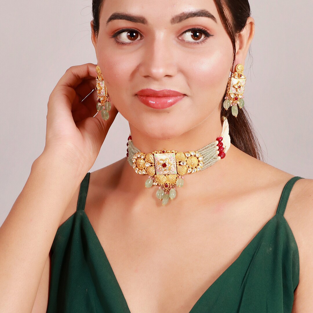 22k Gold Choker Necklace With Earrings Indian Traditional Etsy
