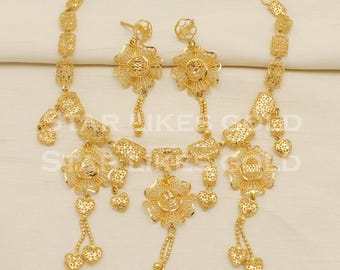 22KT Gold Filigree Necklace Earrings Set, Handmade Indian Jewelry