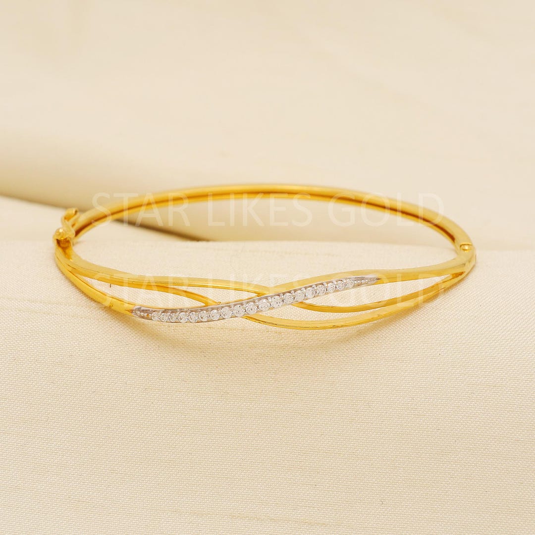 22k Solid Gold Bangle Handmade, 22kt Yellow Gold Sleek Infinity Wave ...