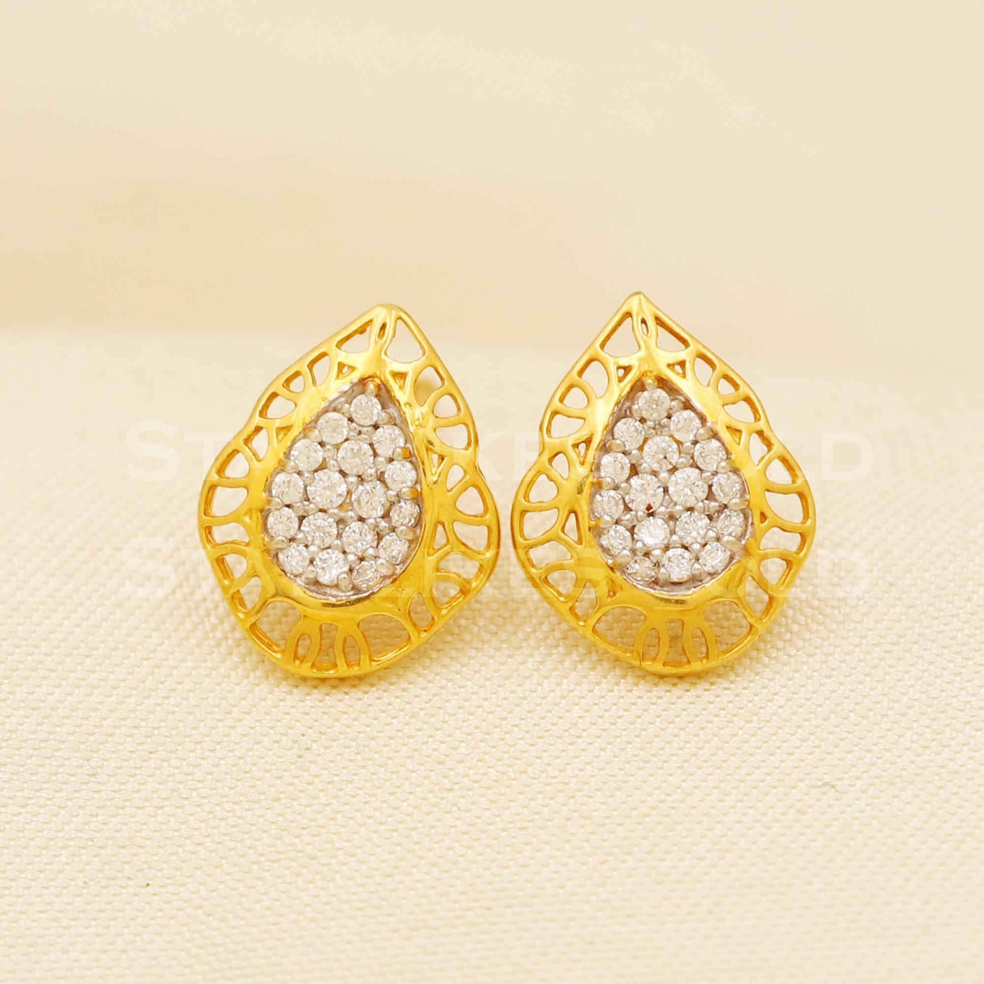 18k Solid Gold Zircon Teardrop Studs Handmade, 18kt Yellow Gold