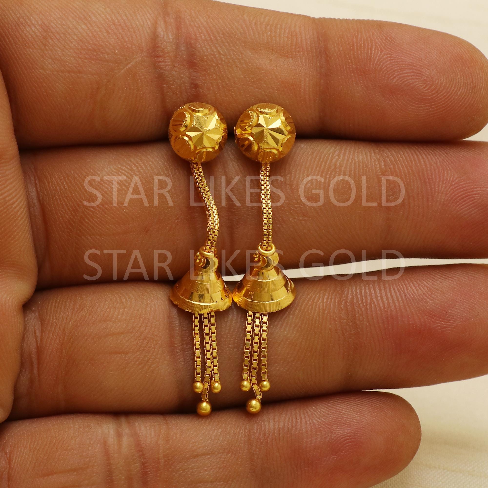 22k Gold Earrings, BIS Hallmark 916 Diamond Cut Sphere Cone Drop