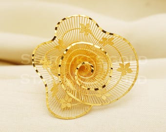18k Gold Traditional Bloom Ring, 18kt Solid Gold Textured Floral Statement Ring, PR1040