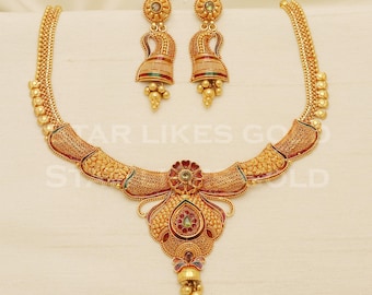 22K Gold Indian Necklace Set, Handmade Jewelry