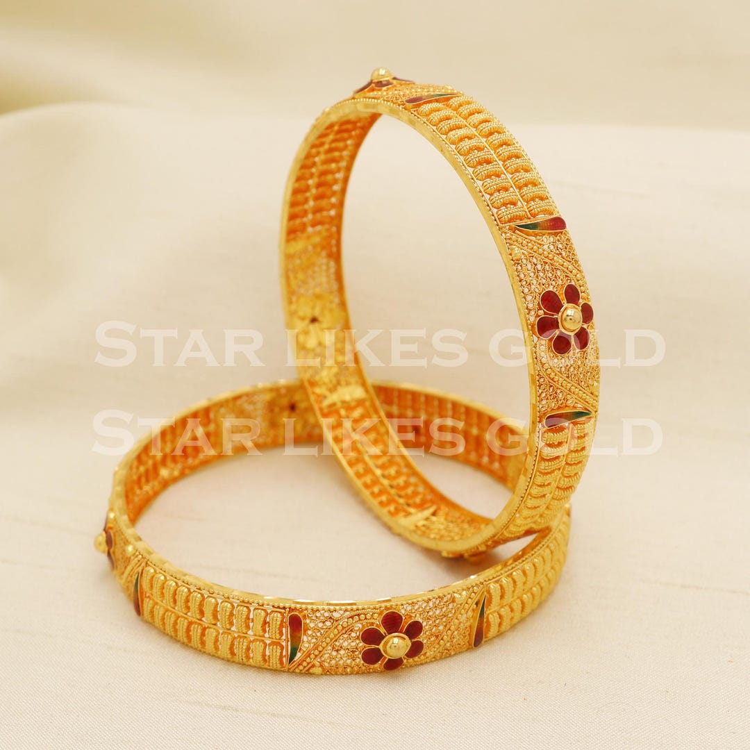 BIS Hallmark 916 Broad Gold Bangle Set, Solid 22ct Enamel Flower