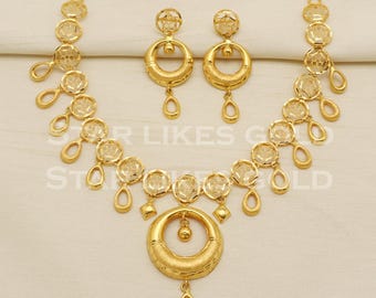 22K guld filigran halsband örhängen set, indiska smycken