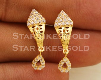 18k Gold Zircon Drop Earrings, 18kt Teardrop Gold Tops, B1617
