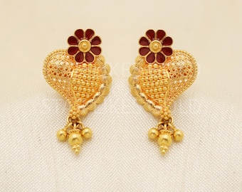 Handmade 22k Gold Flower Earrings, Indian Jewelry