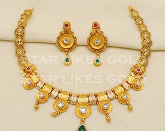 22KT Gold Necklace Earrings Set, Indian Jewelry