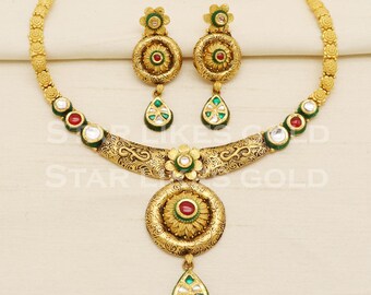 22K Gold Necklace, Indian Wedding Jewelry, Handmade Rajasthan Design