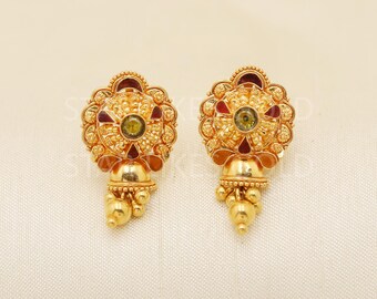 Handmade 22k Gold Flower Earrings, Indian Jewelry