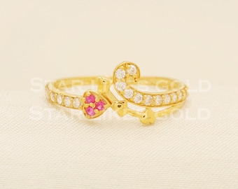 18K Gold Heart Ring with Zircon, Women's Handmade Jewelry