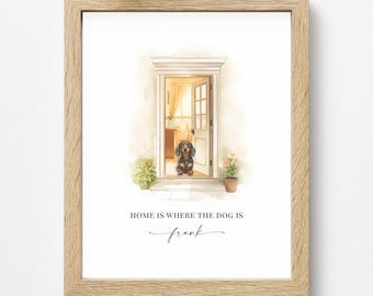 Personalised Dachshund Print, Home Is Where The Dog Is, Watercolour Sausage Dog Wall Art, Dog Name Gift, Housewarming Decor