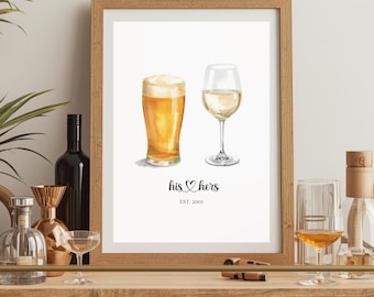 Personalised Couple Drinks Print | Custom Bar Wall Art | His and Hers Drink Illustration | Housewarming Gift