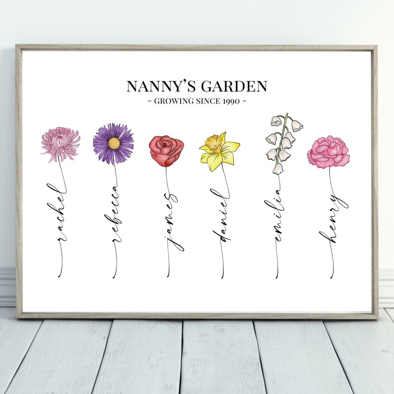 May include: A white printable art print with the text "Nanny's Garden - Growing Since 1990 -" and six different flowers with names written underneath each flower: Rachel, Rebecca, James, Daniel, Emilia, and Henry.