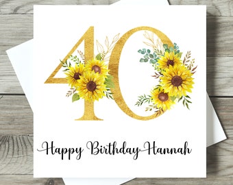 Personalised 40th Birthday Card, Sunflower Greetings Card, Monogram Initial Card, Floral Birthday Card, Gift for Her, Customised Card