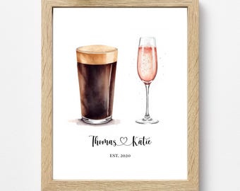 Personalised His & Hers Drinks Print | Custom Couple Drink Illustration | Anniversary Gift for Couple | Wedding Gift | Engagement Gift