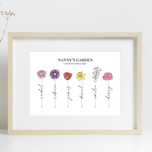 May include: A white framed print with the text "Nanny's Garden - Growing Since 1990 -" and six different flowers with names written underneath each flower: Rachel, Rebecca, James, Daniel, Emilia, and Henry.