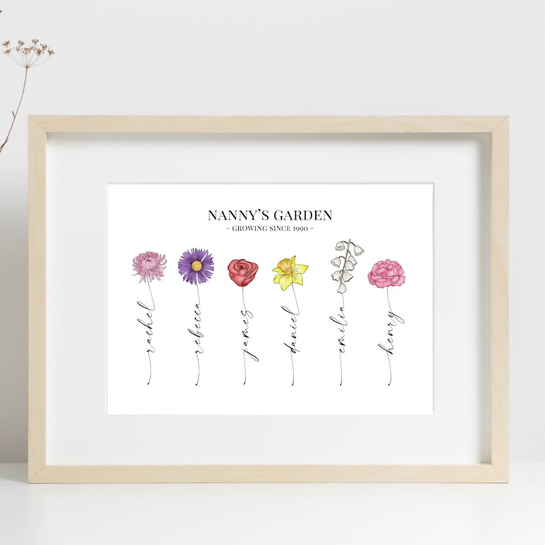 May include: A white framed print with the text "Nanny's Garden - Growing Since 1990 -" and six different flowers with names written underneath each flower: Rachel, Rebecca, James, Daniel, Emilia, and Henry.