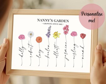 Nanny's Garden Print – Custom Birth Flower Artwork – Printed Grandparent Gift – Personalised Nan or Nanny Present