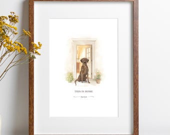 Personalised Chocolate Labrador Print, This Is Home Quote, Watercolour Lab Wall Art, Custom Dog Name, Housewarming Gift