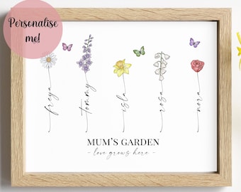 Mum's Garden Print, Customised Birth Flower Print, Mother Present Ideas, Personalised Mummy Gift, Gift for her Digital or Physical Available