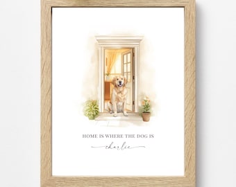 Personalised Golden Retriever Print, Home Is Where The Dog Is, Watercolour Dog Wall Art, Custom Dog Name, Dog Lover Gift