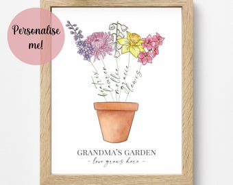 Personalised Birth Flower Grandchildren Print — Custom Name Stems Floral Jug or Pot Art for Grandma, Nanny, Mum