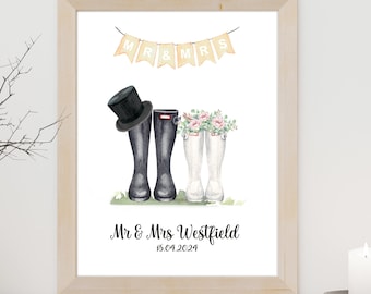 Personalised Wedding Print Download | Mr & Mrs Welly Boot Printable | Rustic Wedding Gift | Country Couple Wall Art | PDF Download