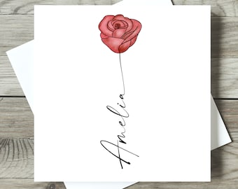 Personalised Rose Birth Flower Card, Customised with Name Stem, June Birthday Gift, Floral Special Card, Botanical Cards for her