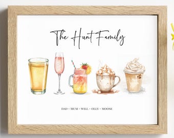 Personalised Family Drinks Print | Custom Favourite Drinks Poster | Watercolour Drink Illustration | Kitchen Wall Art | Unique Family Gift