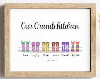 Our Grandchildren Print, Personalised Welly Boot Print, Grandparent Present Ideas - Customisable Wellie Boot Print for Grandparents