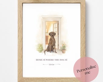 Personalised Chocolate Labrador Print, Home Is Where The Dog Is, Watercolour Lab Wall Art, Dog Name Gift, Housewarming Decor
