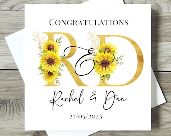 Personalised Wedding Day Card | Sunflower Greeting Card | Monogram Initial Card | Floral Wedding Card | Gift for Couple, Special Unique Card