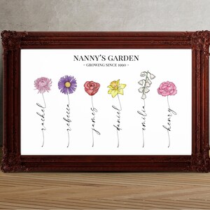 May include: A personalized print with the text "Nanny's Garden - Growing Since 1990" and six flowers with names written underneath each flower: Rachel, Rebecca, James, Daniel, Emilia, and Henry.