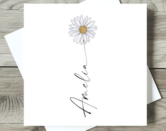 Personalised Daisy Birth Flower Card, Customised with Name, April Birthday Gift, Floral Special Card, Botanical Cards for her