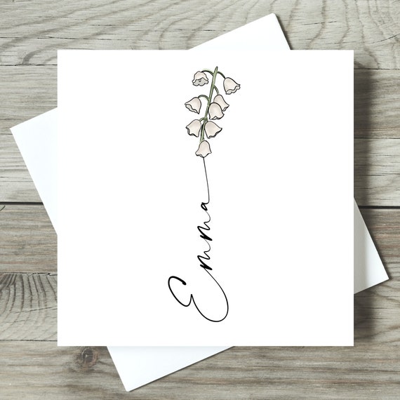Personalised Lily of the Valley Birth Flower Card, Customised with Name, May Birthday Gift, Floral Special Card, Botanical Cards for her