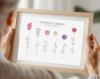 Personalised Nanny’s Garden Print – Grandma Gift, Birth Flower Artwork, Custom Grandchildren Names