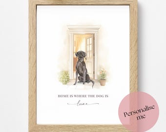 Personalised Black Labrador Print, Home Is Where The Dog Is, Watercolour Lab Wall Art, Dog Name Gift, Housewarming Decor